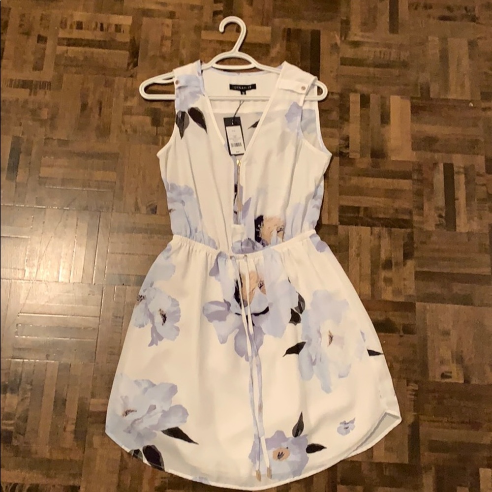 Mid length baby blue and cream floral dress